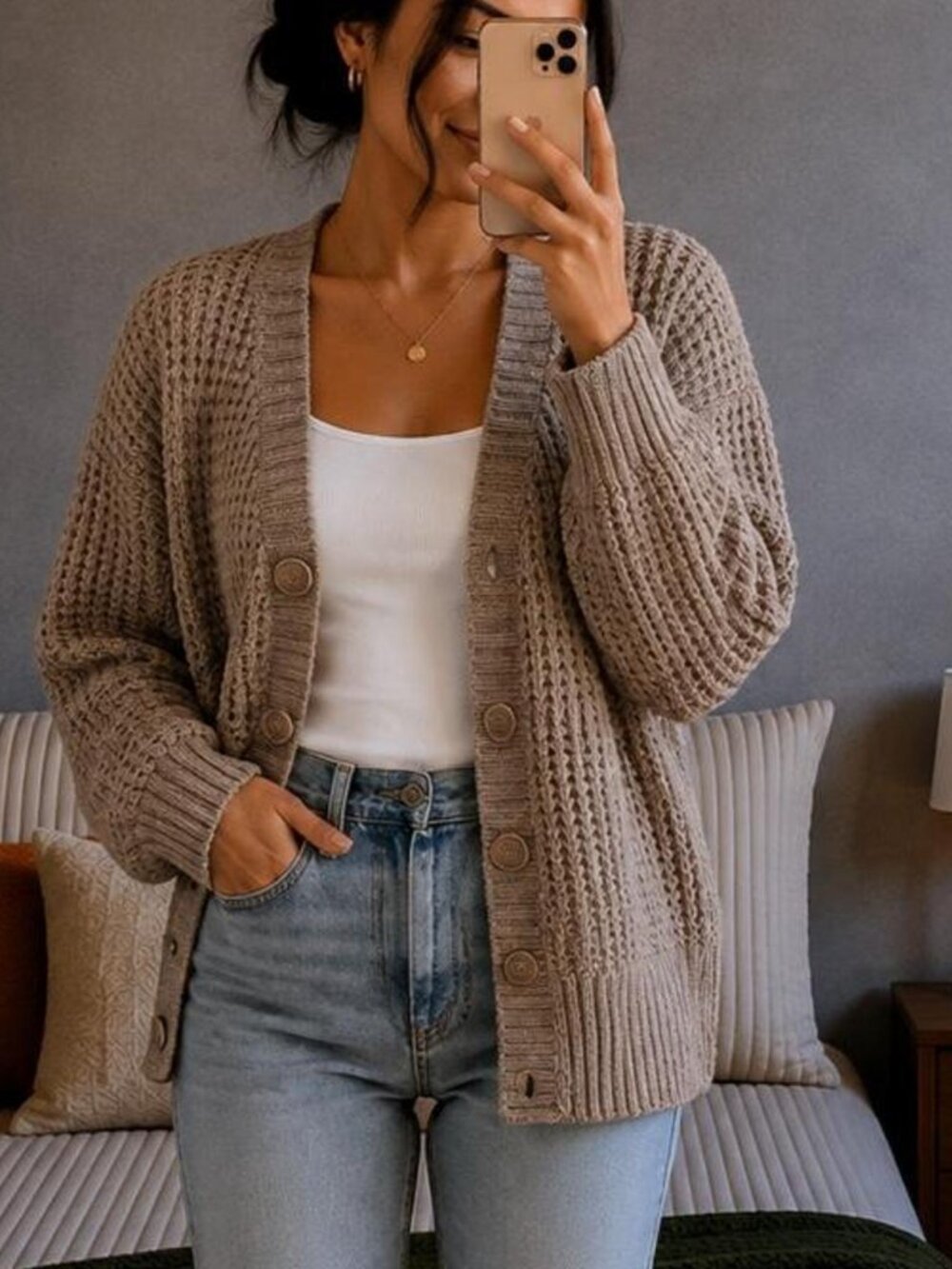 American Eagle Women's Gray Knit Button Front Cardigan Sweater